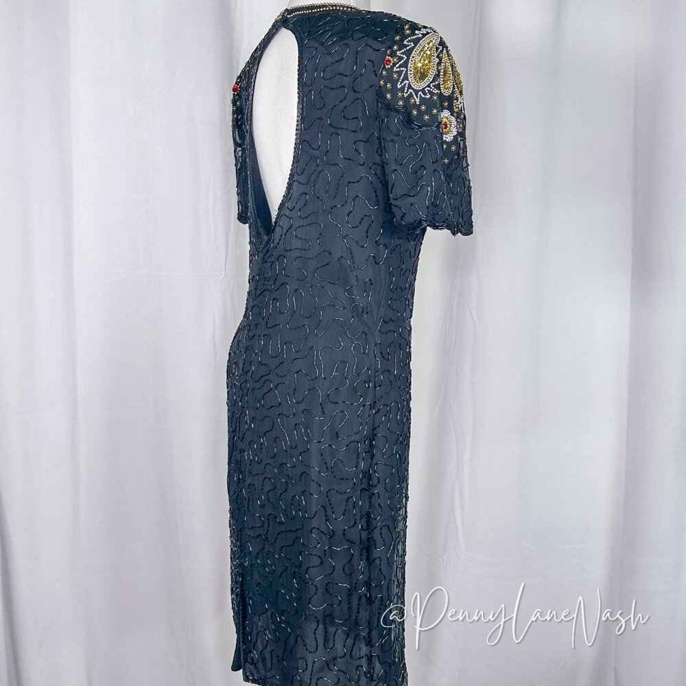 Laurence Kazar Vintage 80s Silk Bead-Sequin Dress Black - Picture 13 of 14